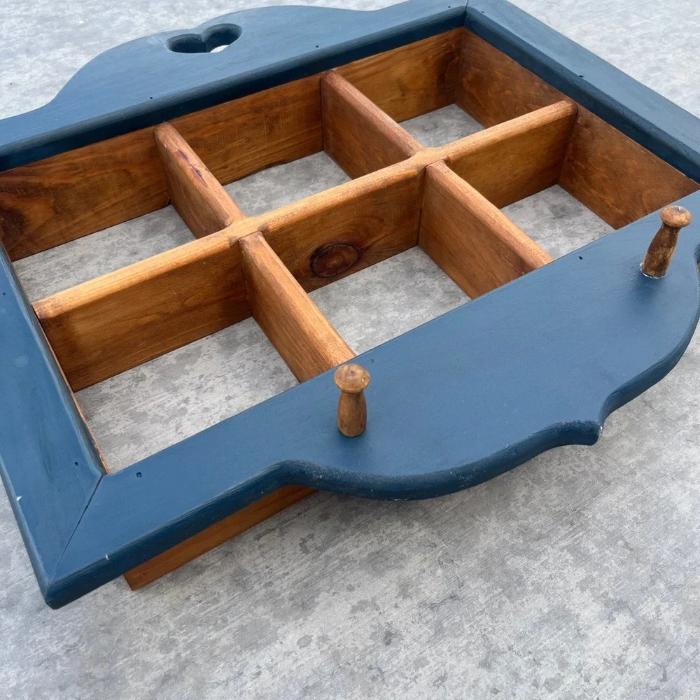 Vintage Wooden Shadow Box Wall Shelf Heart Cutout Navy Blue 6 Cubby 2 Pegs